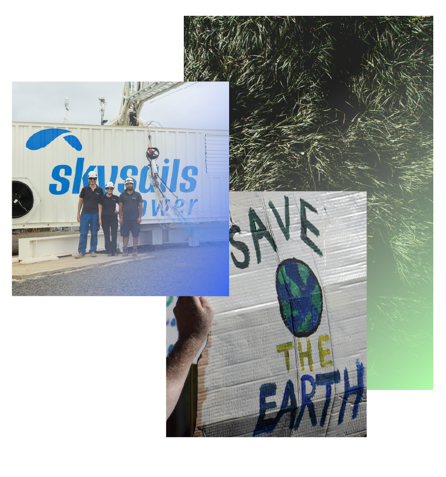 About us – Collage of three images: Skysails employees in front of a container, a cardboard box labeled "Save the World," and an aerial view of dense grass swaying in the wind.