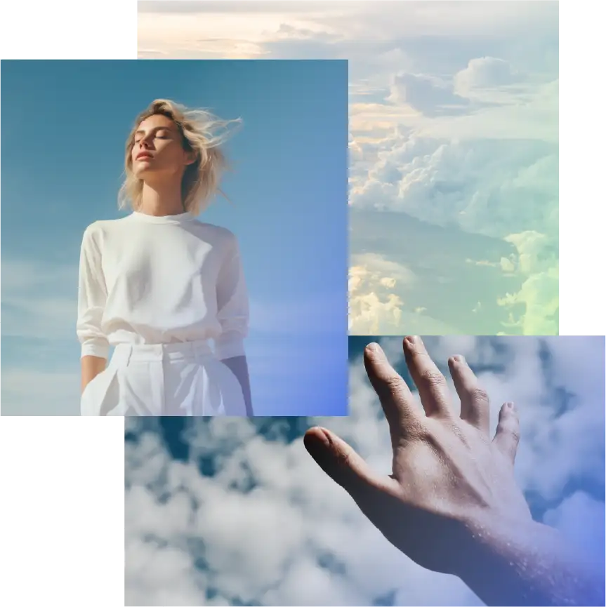 Collage of three images symbolizing airborne wind: a young woman with closed eyes in the wind, a hand reaching up toward a sky with white clouds, and white clouds photographed from above through an airplane window.