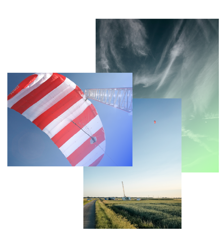 Collage of three images symbolizing how kite power is generated: a close-up of a Skysails kite at the launch and landing station, a Skysails kite in action, and a blue sky with thin clouds torn apart by the wind.