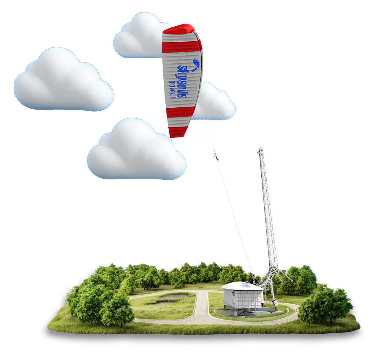 Model representation of a Skysails system. The kite flies above the ground station with launch and landing system.